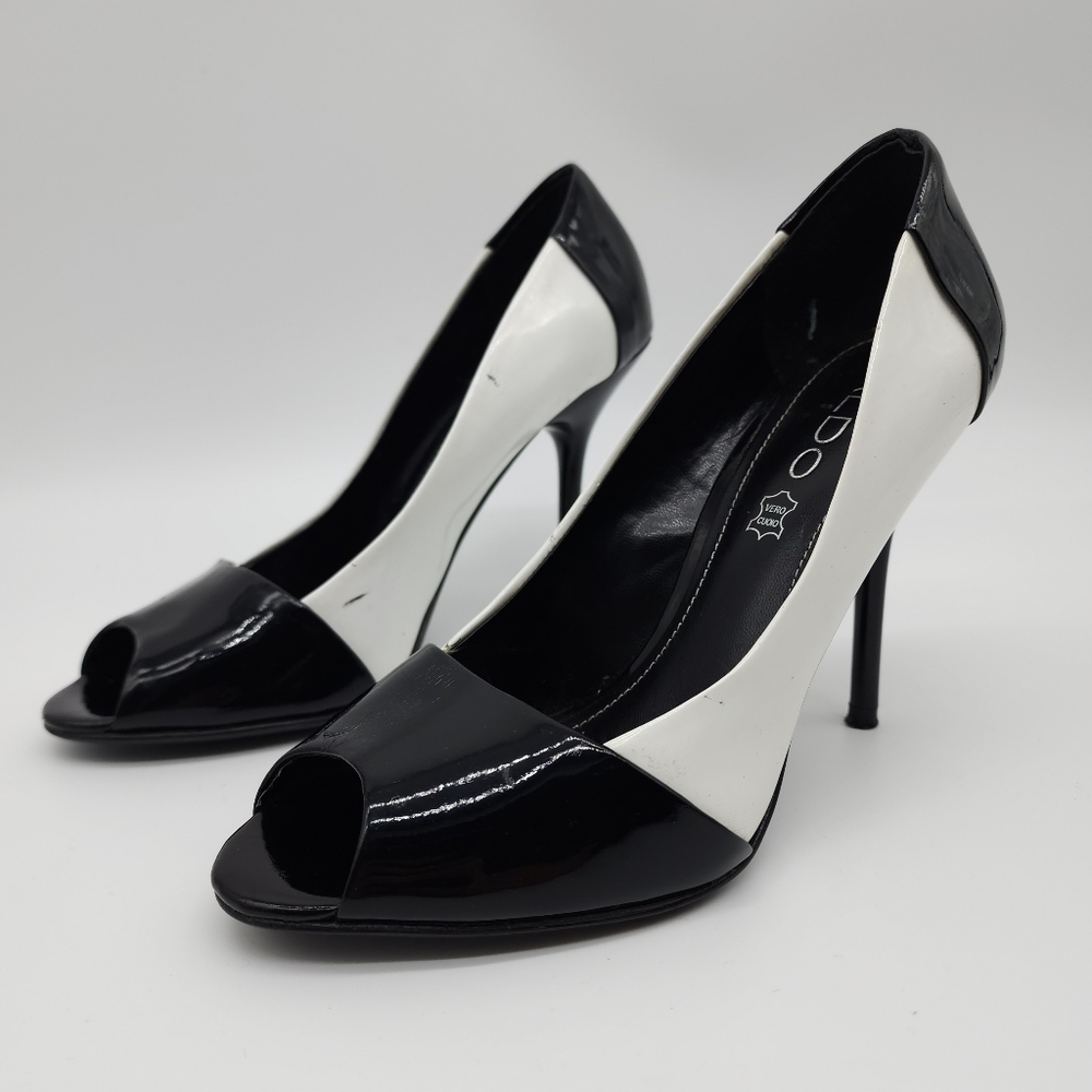 Aus6/ 37 Aldo Black and White Patent Leather Open Toe Heels Shoes - Picture 16 of 16